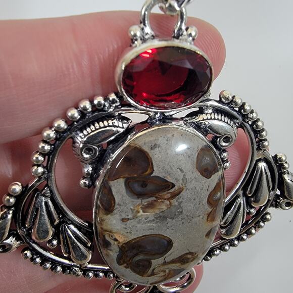 Handmade Silver Pendant with Fossil Coral and Red Garnet Accent - Picture 7 of 10